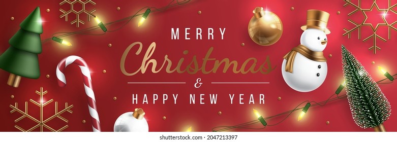 Merry Christmas banner with realistic christmas ornament. Xmas tree, snowman, snowflake and string light Vector illustration.