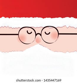 Merry Christmas banner in the realistic torn paper design.Kind Santa claus face with eyeglass,red nose and cheek. Christmas greeting background.Paper tearing or torn paper art.Vector illustration 