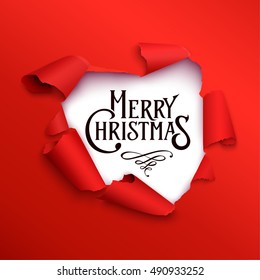 Merry Christmas banner in the realistic torn paper design. Red detailed paper hole. Christmas greeting background. Vector illustration