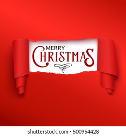 Merry Christmas banner in the realistic torn paper design. Red detailed paper scroll. Christmas greeting background. Vector illustration