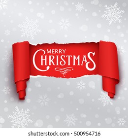 Merry Christmas banner in the realistic torn paper design. Red detailed paper scroll. Christmas greeting background. Vector illustration