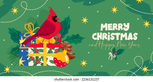 Merry Christmas banner with red cardinal, gift box, fir tree toy, holly berries isolated on green background. Winter Card template vector flat illustration