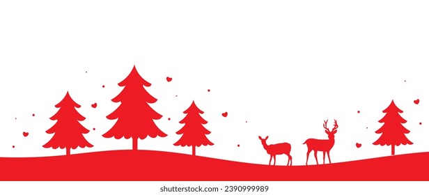 Merry Christmas banner, red deer, fir, hearts and snow, abstract background. Design for Happy Holiday and Happy New Year, invitation card, poster and wall decoration