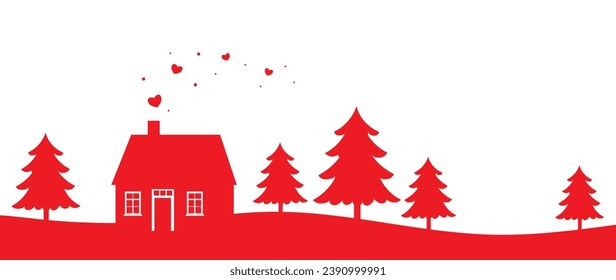Merry Christmas banner, red house, spruce, hearts and snow, abstract background. Design for Happy Holiday and Happy New Year, invitation card, poster and wall decoration