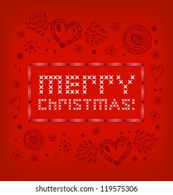 Merry Christmas banner. Red knitted pattern with hearts and snowflakes. Xmas stylish card