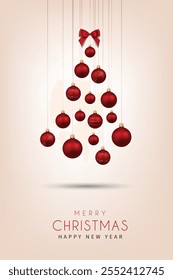 Merry Christmas Banner with Red Christmas Ornaments. Vector illustration.	