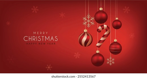Merry Christmas Banner with Red Christmas Ornaments. Vector illustration.	
