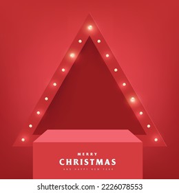 Merry Christmas banner with red product display and Retro light bulbs sign background