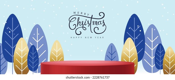 Merry Christmas banner with red product display and Snowy christmas landscape background