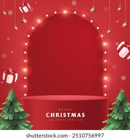 Merry Christmas banner with red product display Retro light bulbs sign background and festive decoration for Christmas