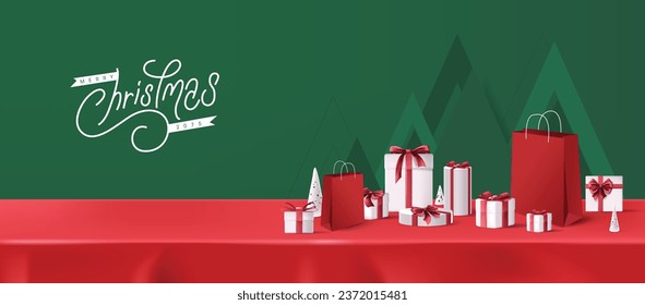 Merry Christmas banner red tablecloth product display with copy space and gift box decorate