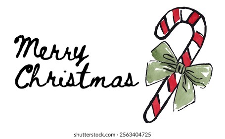 Merry Christmas banner with red and white candy cane tied with green bow. Watercolor-style illustration isolated on white background. Christmas holiday greeting card concept for design and 