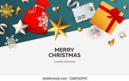 Merry Christmas banner with ribbons on white and blue ground. Lettering can be used for invitations, post cards, announcements