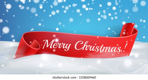 Merry Christmas.Red Banner. Ribbon,snow ,bokeh.3D detailed realistic curved paper. Vector Illustration, red sale banner. Ribbon. Paper,carton. Vector illustration.