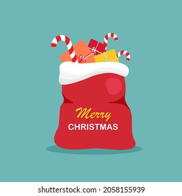 Merry Christmas banner. Santa Claus sleigh with red bag of gifts. Happy New Year concept.