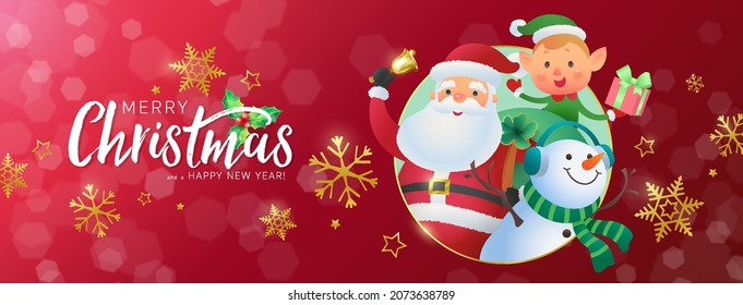 Merry Christmas banner, Santa Claus with his companions and Merry Christmas calligraphy on red background. Vector flat illustration.