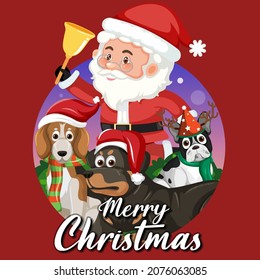 Merry Christmas banner with Santa Claus and cute dog illustration