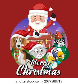 Merry Christmas banner with Santa Claus and animals illustration