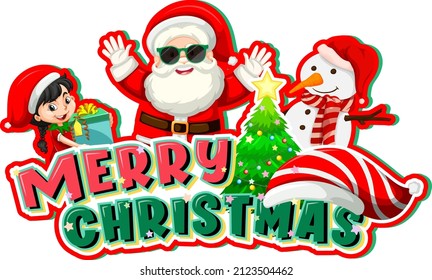 Merry Christmas banner with Santa Claus and snowman illustration