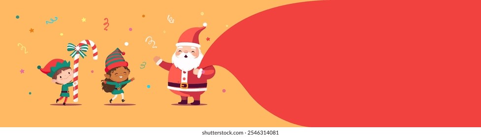 Feliz Anuncio de Navidades con Papá Noel y elfos bailarines. Lindo personaje de dibujos animados llevar trajes verdes. Antecedentes Horizontales. Ilustración de tarjeta de felicitación de Vector
