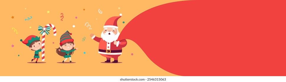 Merry Christmas banner with Santa Claus and dancing elves. Cute cartoon character wear green costumes. Horizontal background. Vector greeting card illustration