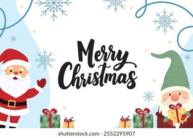 Merry Christmas banner with Santa Claus, cheerful gnome, gift boxes and delicate snowflakes. Cute Christmas lettering in vector cartoon style. For banners, cards, invitations.