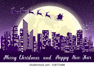 Merry Christmas banner. Santa Claus flying in sleigh with reindeers over panorama of the city. Silhouettes skyscrapers on background of moon and snow. Concept poster, flyer or greeting card. Vector