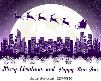 Merry Christmas banner. Santa Claus flying in sleigh with reindeer over panorama of the night city. Silhouettes skyscrapers on background of moon and snow. Concept poster, flyer, greeting card. Vector