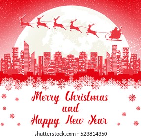 Merry Christmas banner. Santa Claus flying in sleigh with reindeer over panorama of the night city. Silhouettes skyscrapers on background of moon and snow. Concept poster, flyer, greeting card. Vector