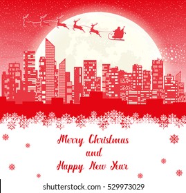 Merry Christmas banner. Santa Claus flying in sleigh with reindeer over panorama of the night city. Silhouettes skyscrapers on background of moon and snow. Concept poster, flyer, greeting card. Vector