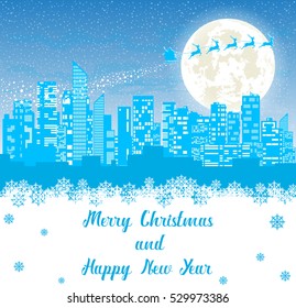 Merry Christmas banner. Santa Claus flying in sleigh with reindeer over panorama of the city. Silhouettes skyscrapers on background of moon and snow. Concept poster, flyer or greeting card. Vector