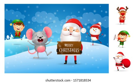 Merry Christmas banner with Santa holding wooden sign with text. Lettering with decorations can be used for invitation and greeting card. Holiday concept