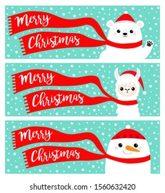 Merry Christmas banner set. Alpaca llama Bear Snowman. Santa Claus red hat, scarf. Cute cartoon funny kawaii character. Happy New Year. Greeting card. Flat design. Blue snow flake background. Vector
