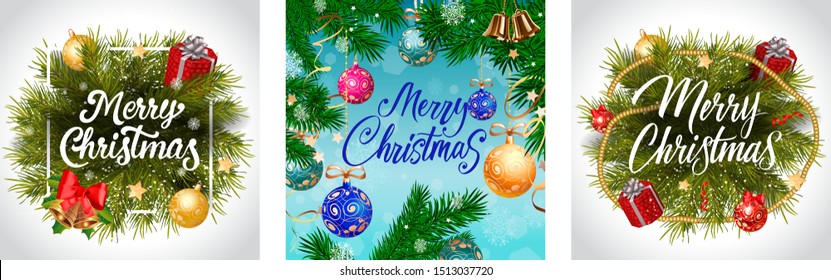 Merry Christmas banner set with baubles and fir. Decorative design can be used for invitations, post cards, announcements