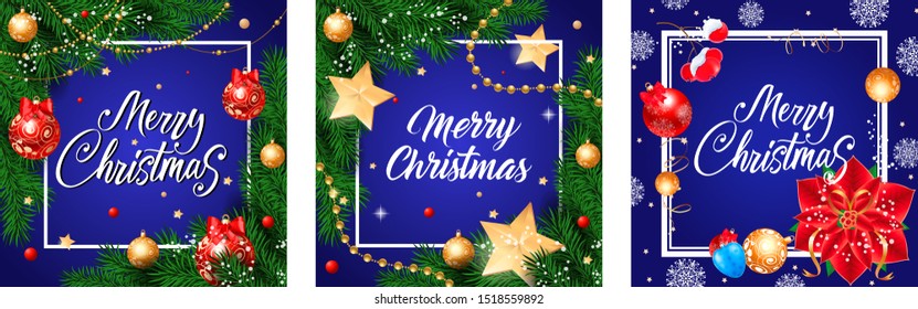 Merry Christmas banner set with baubles, fir on blue ground. Calligraphy with decorative design can be used for invitations, post cards, announcements