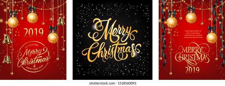 Merry Christmas banner set with black ribbons and gold baubles. Calligraphy with decorative design can be used for invitations, post cards, announcements