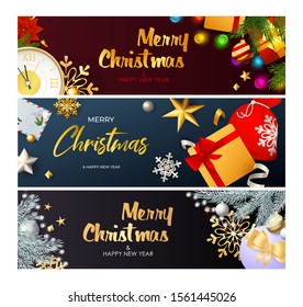 Merry Christmas banner set with clock, garlands, baubles, gifts. Vector illustration for festive posters, greeting cards, postcards