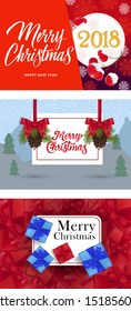 Merry Christmas banner set with cones and bows. Calligraphy with decorative design can be used for invitations, post cards, announcements