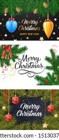 Merry Christmas banner set with fir and baubles. Decorative design can be used for invitations, post cards, announcements