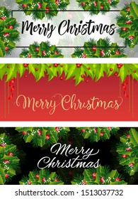 Merry Christmas banner set with fir and holly. Decorative design can be used for invitations, post cards, announcements