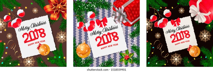 Merry Christmas banner set with fir, berries and baubles. Calligraphy with decorative design can be used for invitations, post cards, announcements