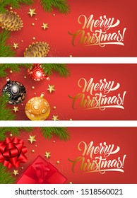 Merry Christmas banner set with fir, cones, balls on red ground. Calligraphy with decorative design can be used for invitations, post cards, announcements