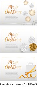 Merry Christmas banner set with flakes, bows on white ground. Calligraphy with decorative design can be used for invitations, post cards, announcements