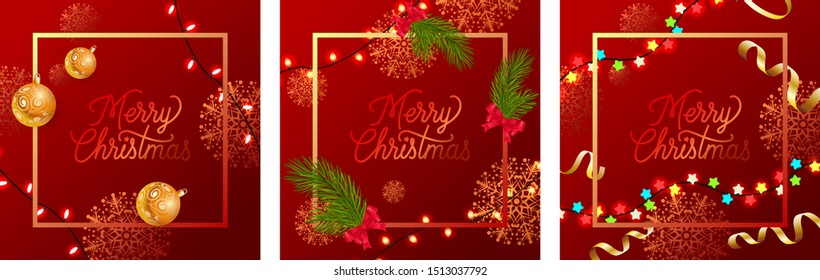 Merry Christmas banner set with garland on red ground. Decorative design can be used for invitations, post cards, announcements