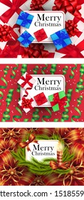Merry Christmas banner set with gifts, bows and ribbons. Calligraphy with decorative design can be used for invitations, post cards, announcements