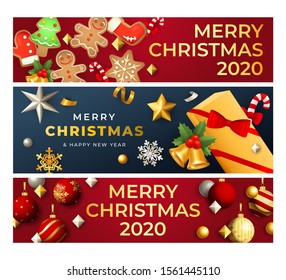 Merry Christmas banner set with gingerbread cookies and baubles, gift, snowflakes, bells. Vector illustration for festive posters, greeting cards, postcards