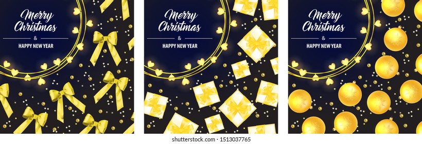 Merry Christmas banner set with gold baubles on dark ground. Decorative design can be used for invitations, post cards, announcements