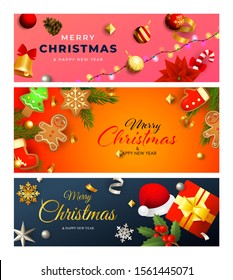 Merry Christmas banner set with red and gold baubles, gingerbread cookies, Santa hat, gifts, garlands. Vector illustration for festive posters, greeting cards, postcards