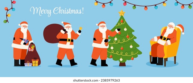 Merry Christmas banner with set of Santa Clauses celebrate Xmas. Old men in red suits decorate the Christmas tree, sleep in chair and collect gifts in bag. Vector festive background