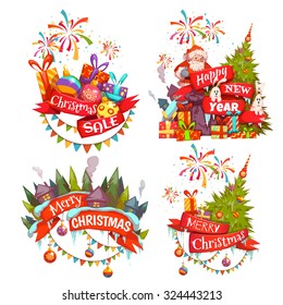 Merry Christmas banner set with Santa Claus, ribbon and pine. Vector illustration.